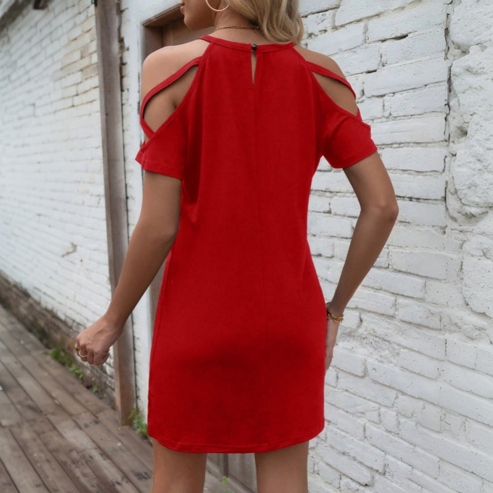 Kvinnors Off-Shoulder Klänning Kortärmad Stickad-3