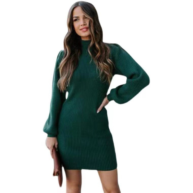 Variant image for Dam Klänning Mini Bodycon Ribbad Hög Krage med Puffärmar-13