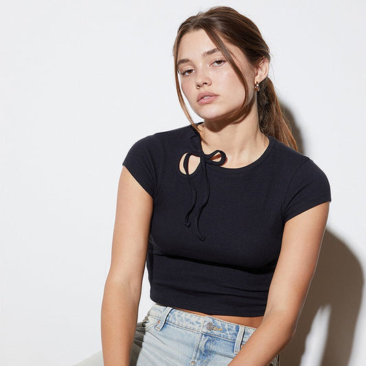 Kvinnors Crop Top med Knappdetalj Elastisk Bomullsblandning-1
