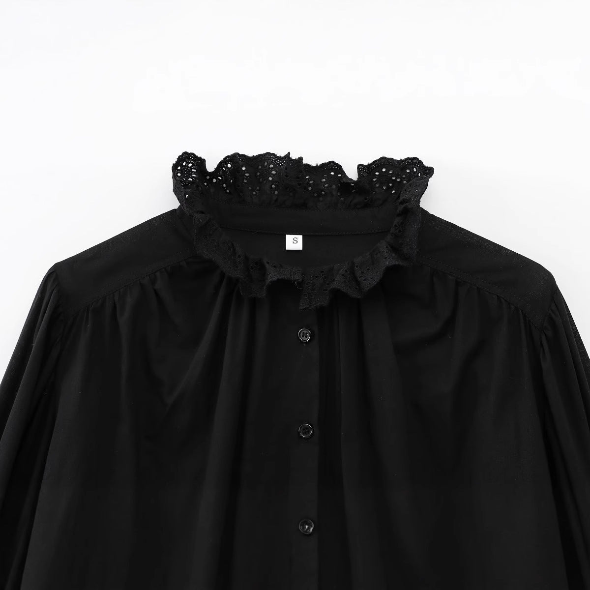 Dam Blusskjorta Broderad Monokrom 100% Bomull Långa Ärmar-2