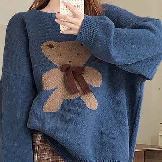 Dam Stickad Tröja Nallebjörnmotiv Mjuk Avslappnad Kvalitet-1
