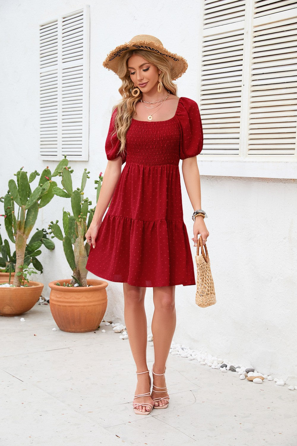 Dam Sommarklänning Fyrkantig Halsringning Korta Puffärmar Lätt Tyg 3