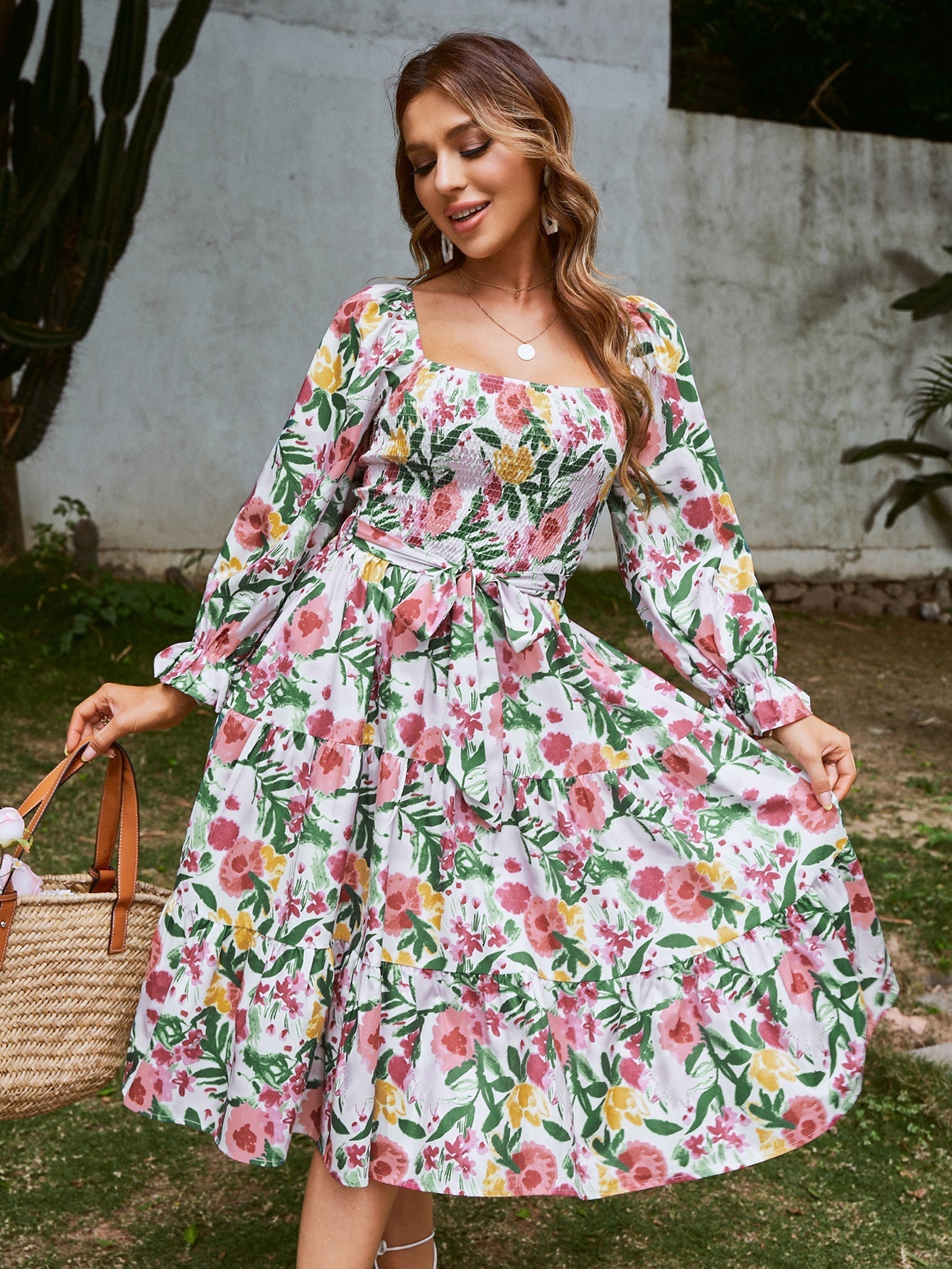 Variant image for Kvinna Lång Klänning A-linje Hög Midja Polyester med Trumpetärmar-11