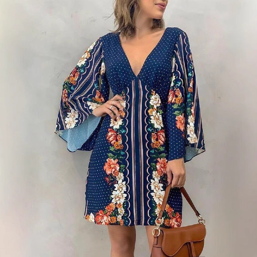 Kvinnors Miniklänning Djup V-ringning Blommönstrad Polyester-3