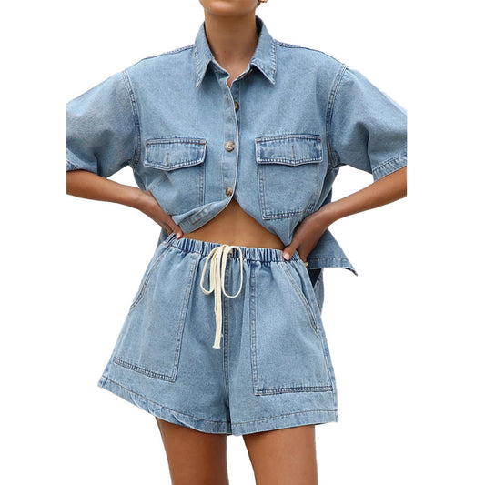 Dam Casual Denim Set Kortärmad Skjorta Shorts Denim-1