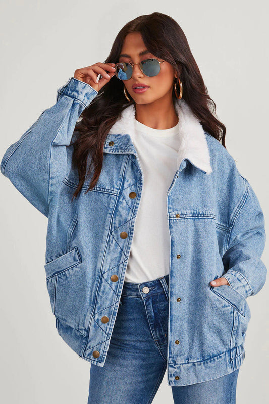 Kvinnors Denimjacka Modern Snitt Fleecekrage Denim 1