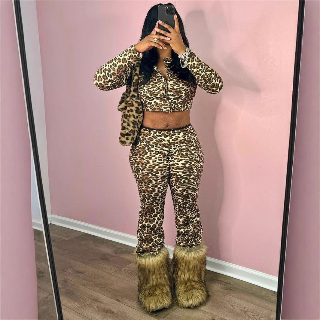 Damens Leopardtryck Crop Top Långärmad Polyester Spandex Byxor-3