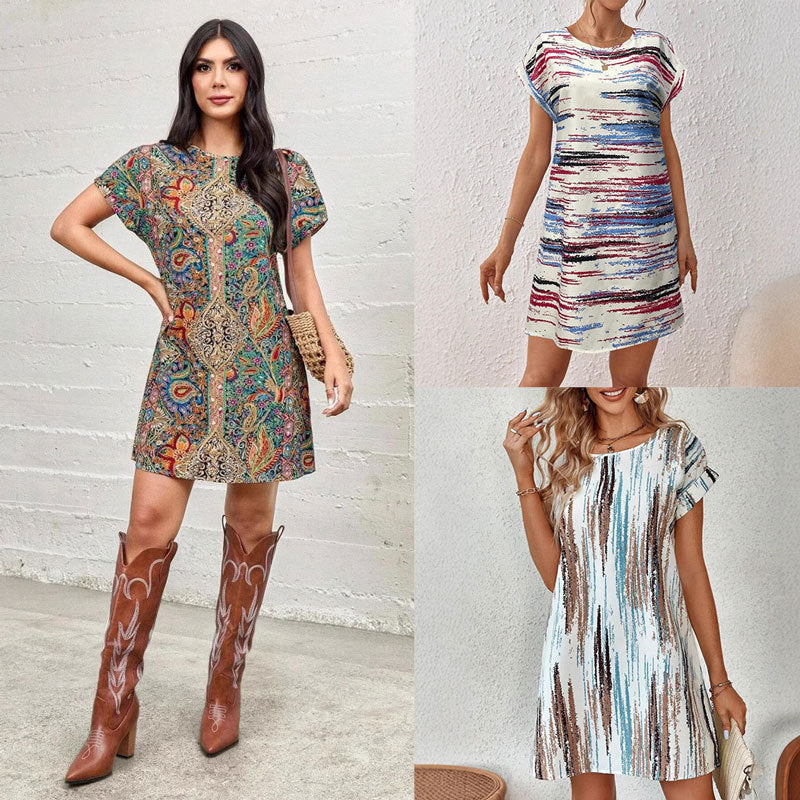 A-linjeformad Klänning för Kvinna med Kort Ärmar i Polyester – Blommönster och Färgglada Ränder 2