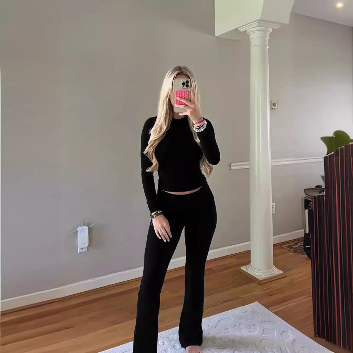 Dam Två-deluppsättning Retro Polyester med Långärmad och Kortärmad Stil-6