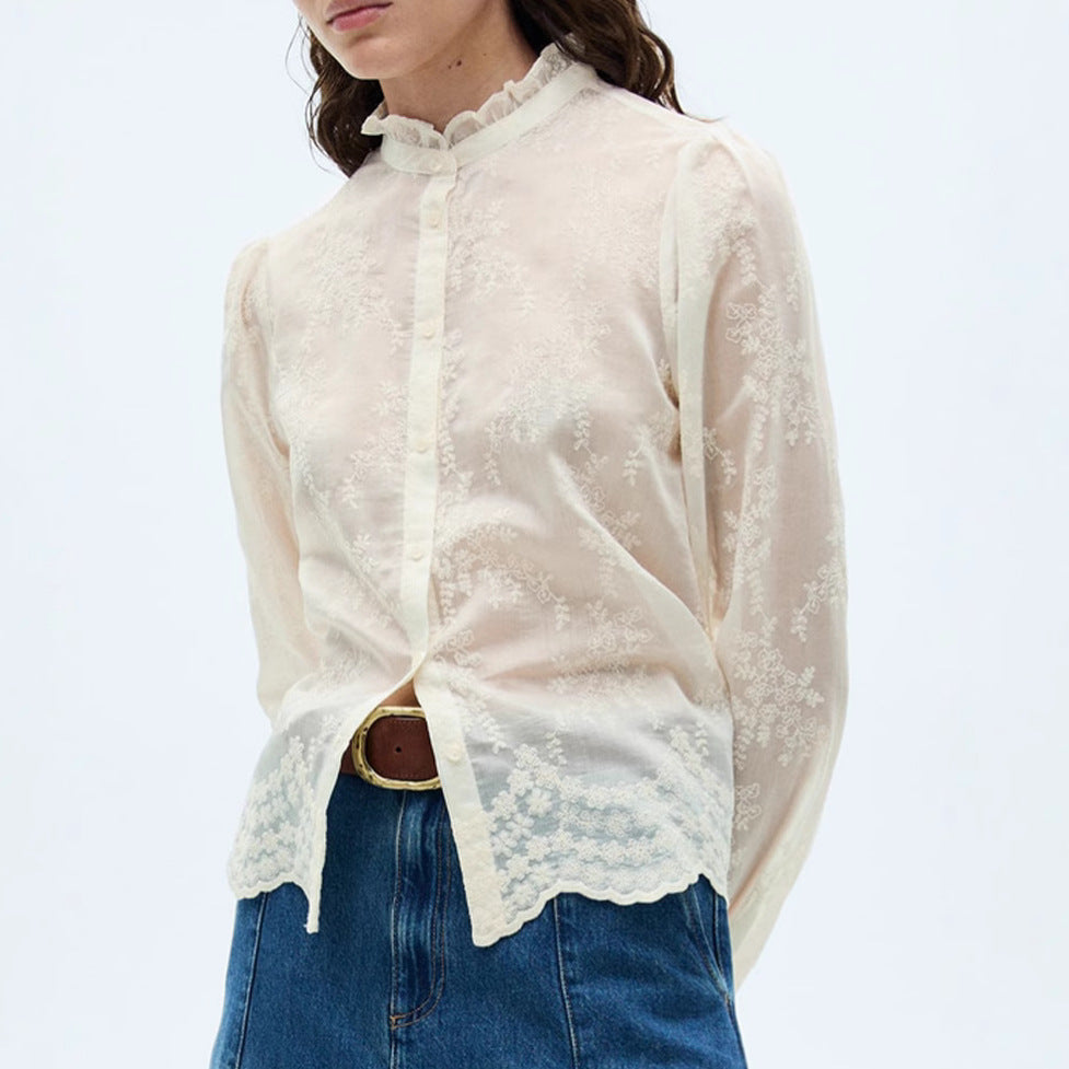 Långärmad Blus Dam Broderad Tencel Chiffon Elegant 3