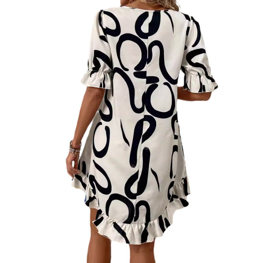 Kvinnors A-Line Midi Klänning med Kort Ärmar och Löst Midjeband – Tryckt Off-White Polyester 6