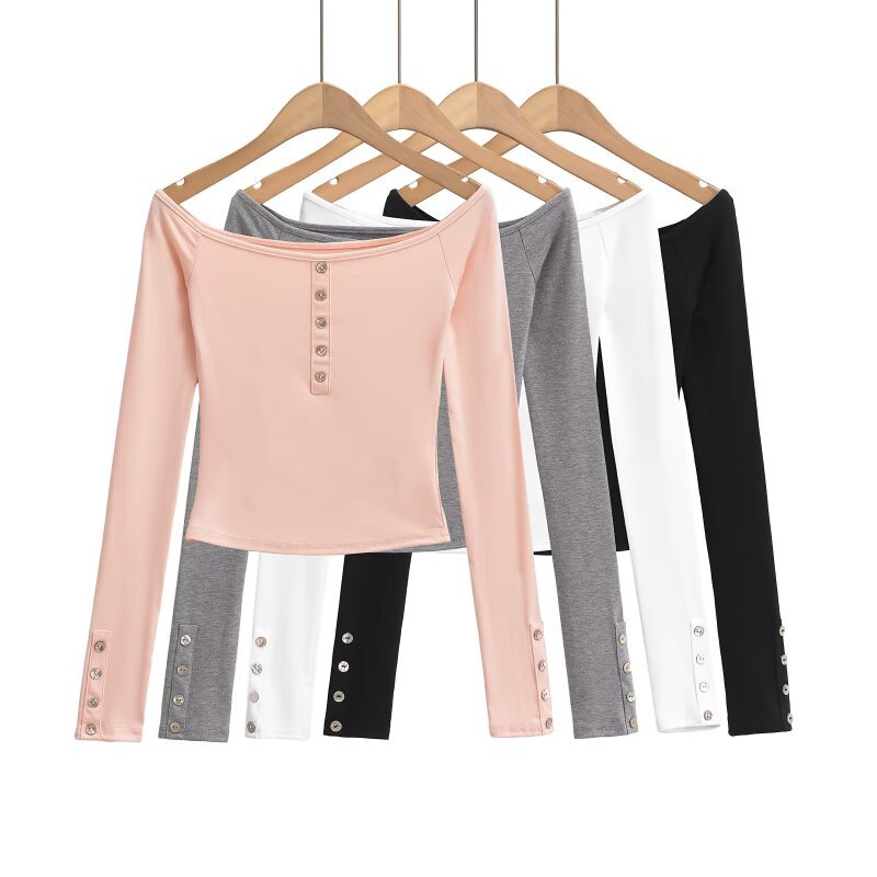 Kvinnors Off-Shoulder Topp med Knappdetaljer i Mjuk Blandning – Elegant Festtop, Normal Passform, Maskintvättbar 2