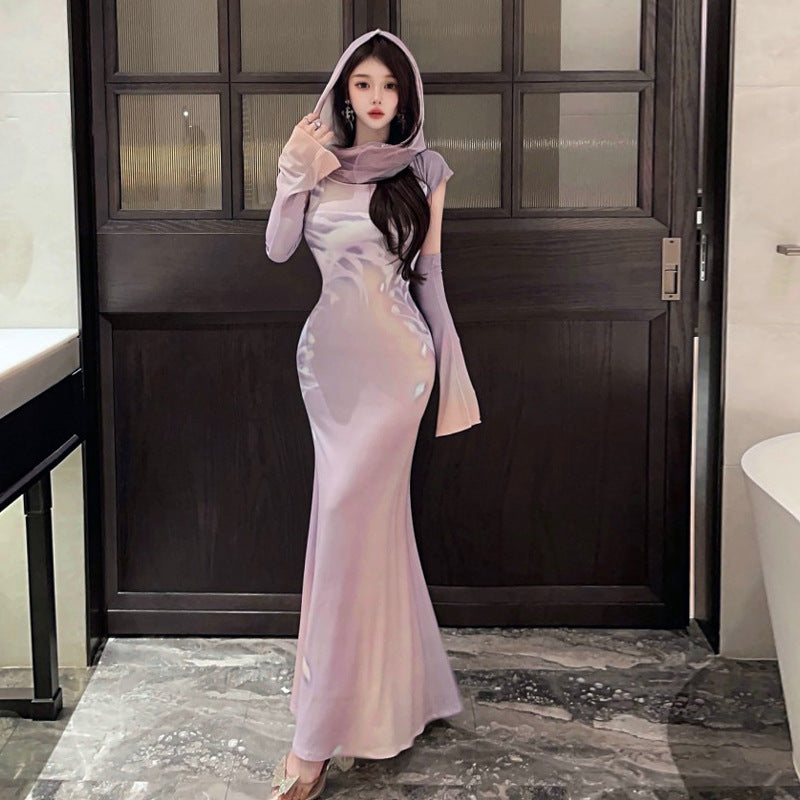 Dam Klänning Bodycon Maxi Stretch Mesh med Huva-1