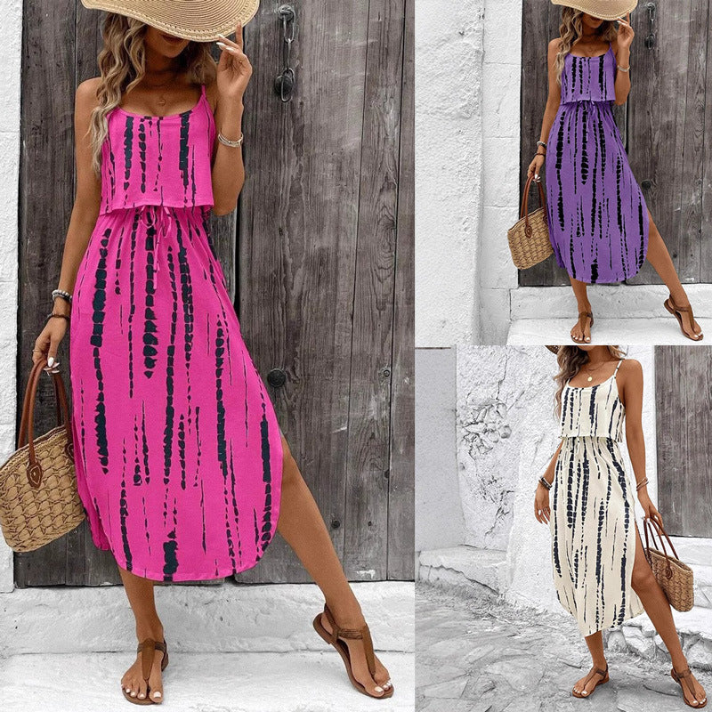 Fina Dam Klänningar Med Tryckt Mönster Justerbara Spaghettiband Polyester-Spandex-2