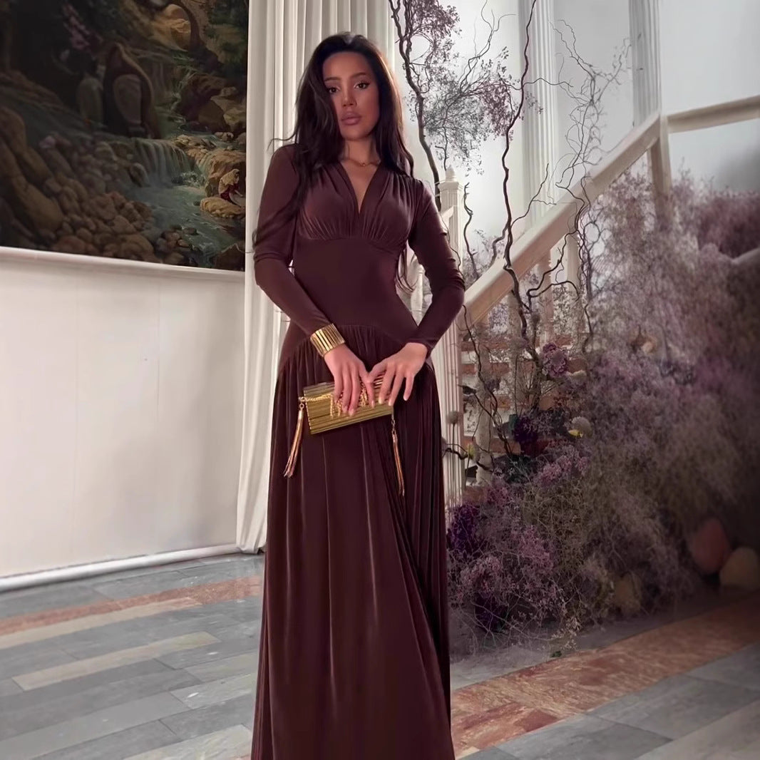 Kvinna Lång Klänning V-Neck Högkvalitativt Tyg-2