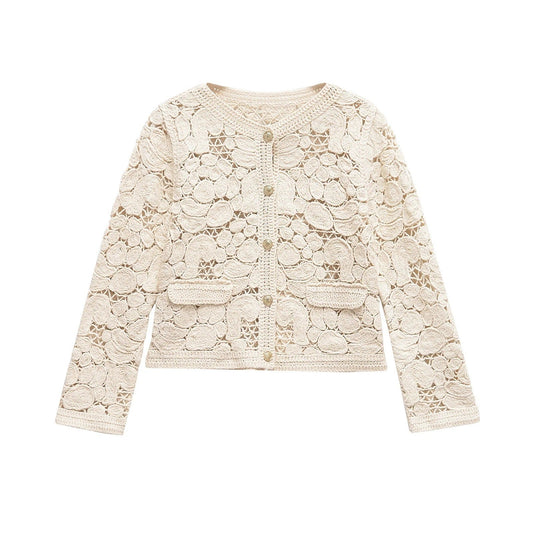 Elegante Damen Strickjacke mit Spitzen-Details und Knopfverschluss â Vielseitige Cardigan fĂŒr FrĂŒhling und Herbst 1