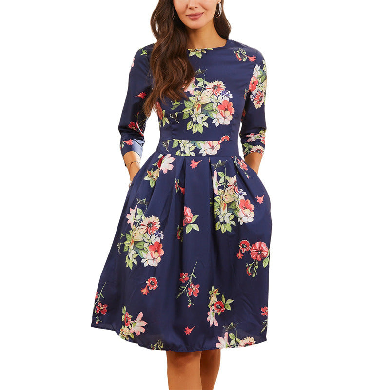 Variant image for Dam Klänning A-Linje Blommönster Trekvartsärmar Polyester Midi-5