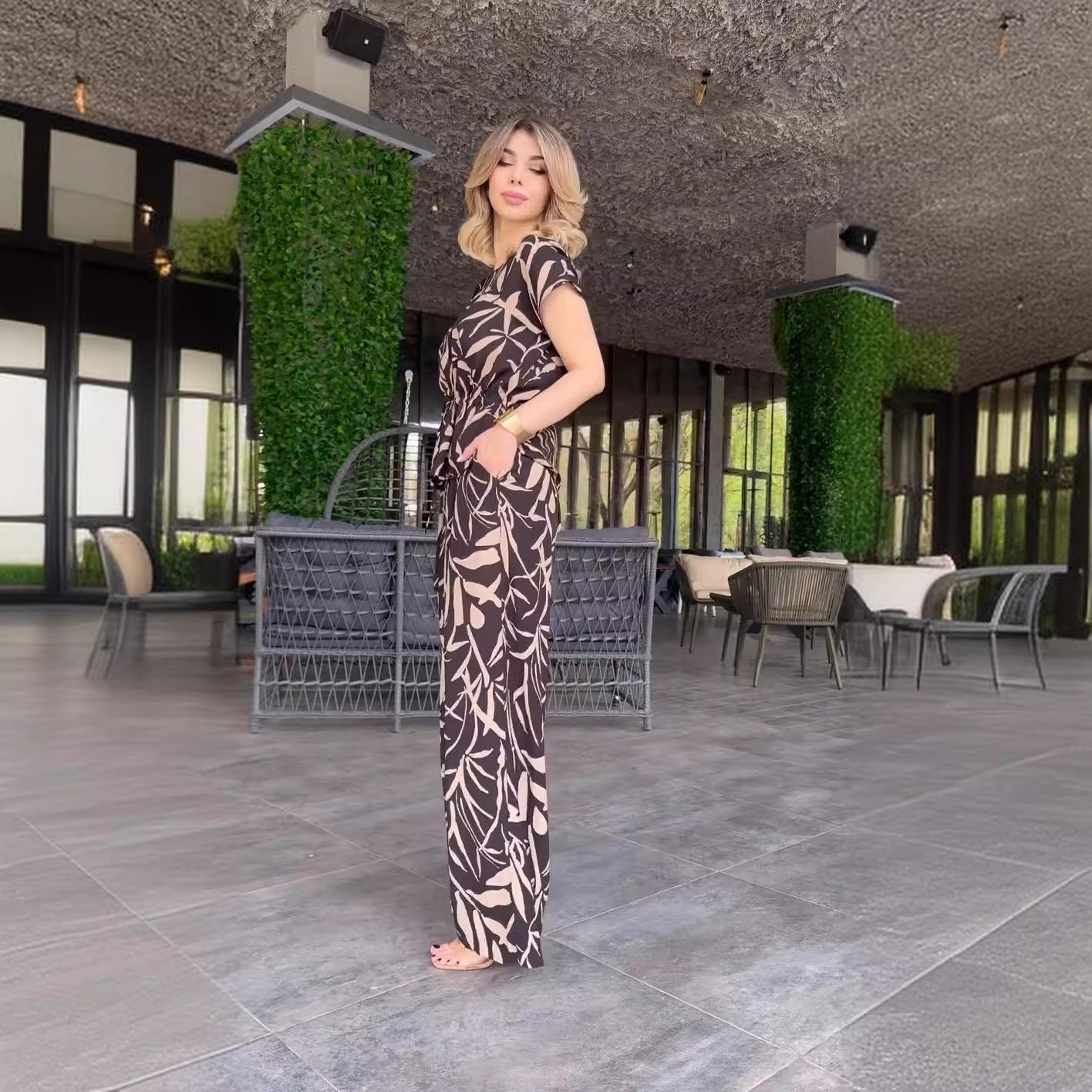 Kvinnors Byxor Set Blommönstrad Polyester Avslappnad Stil-5