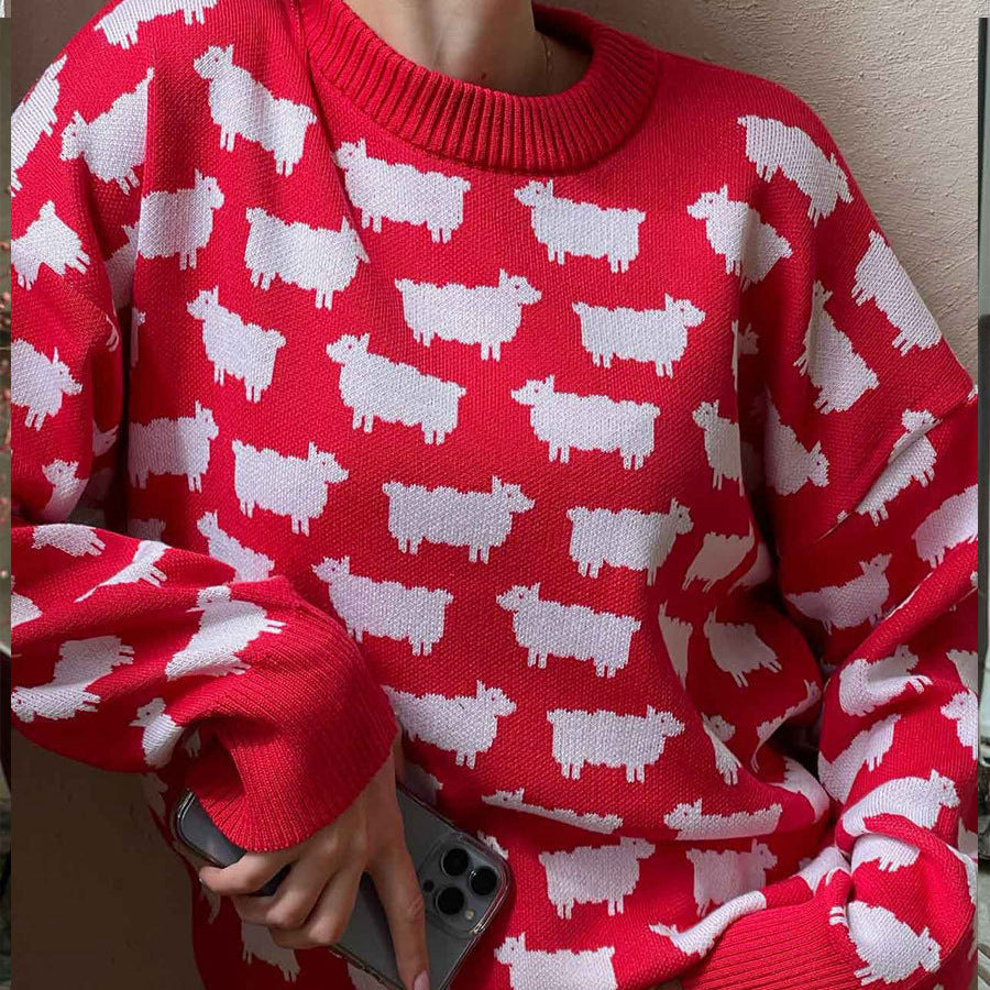 Stickad Dam Tröja med Fårmotiv i Mjuk Bomull 2