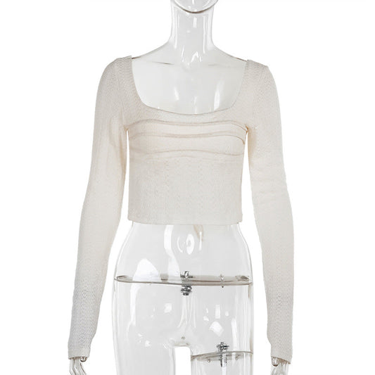 Kvinnor Långärmad Crop-top Cirkulär Halsringning Elastiskt Tyg 1