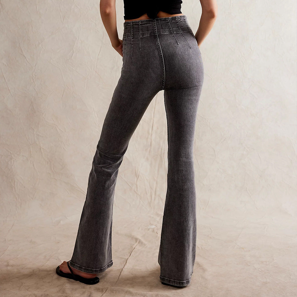 Damer Högmidjade Denimbyxor Långt Ben Retro 100% Bomull-4