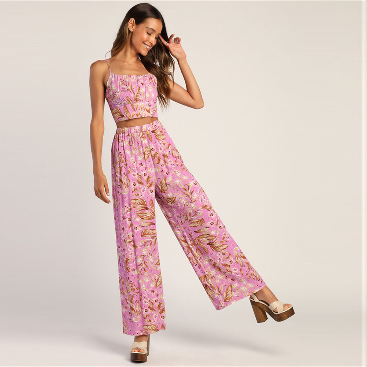 Variant image for Dam Cami Top och Blommiga Bredbyxor Set i Polyester för Sommarens Evenemang-5