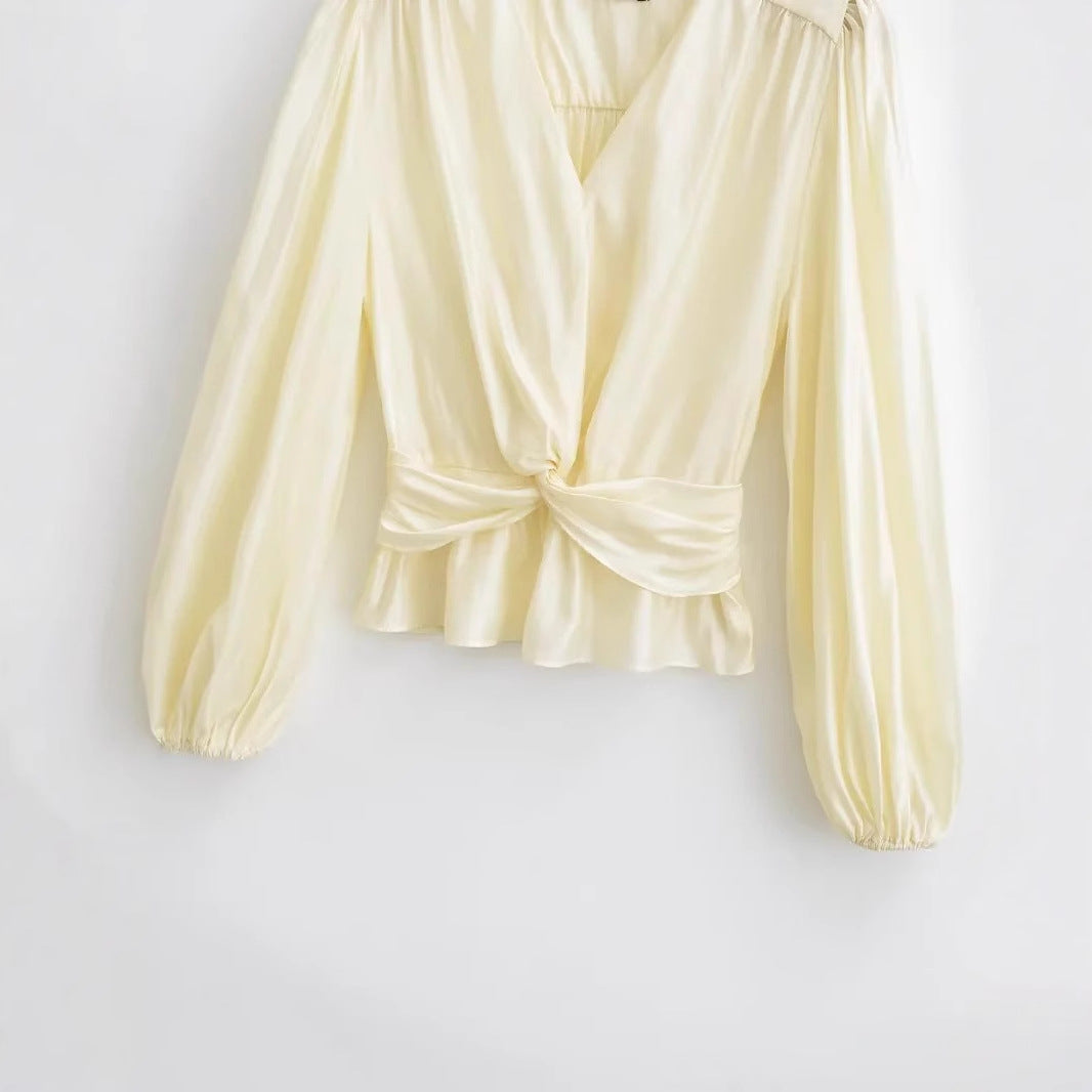 Dam Blus Djup V-ringning Puffärmar Andningsbart Material-5