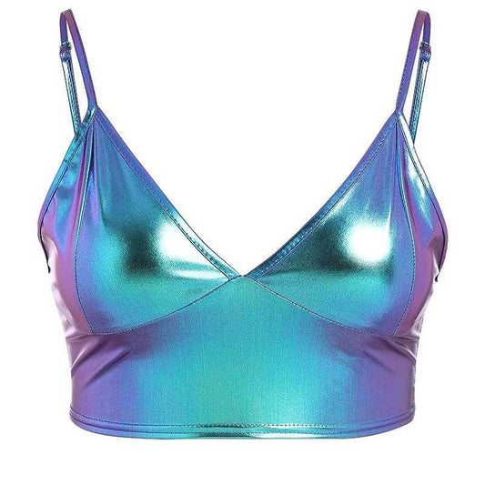 Damen Skördetopp mit Glänzender Metalloptik – Justierbare Träger, Weiches Elastisches Material, Ideal für Festliche Anlässe und Casual Wear 1