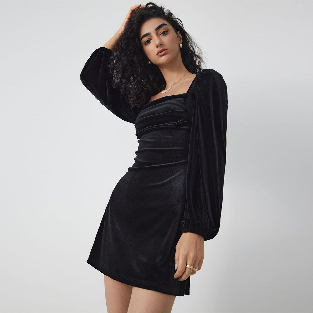 Kvinna Långärmad Klänning A-linjeformad Sammet Fyrkantig Halsringning-5