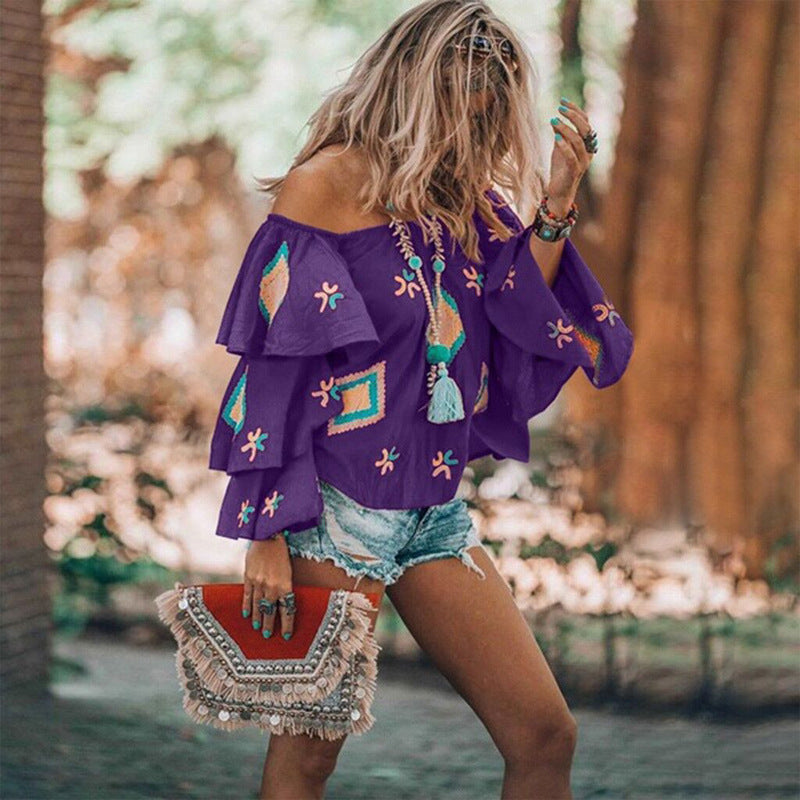 Variant image for Kvinnors Bohemisk Skjorta Geometriskt Mönster Polyester Axelbar Tre Fjärdedelar-11