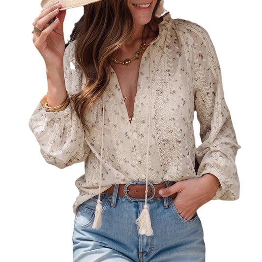 Dam Skjorta Boho Broderad Chiffon med Fringes 1