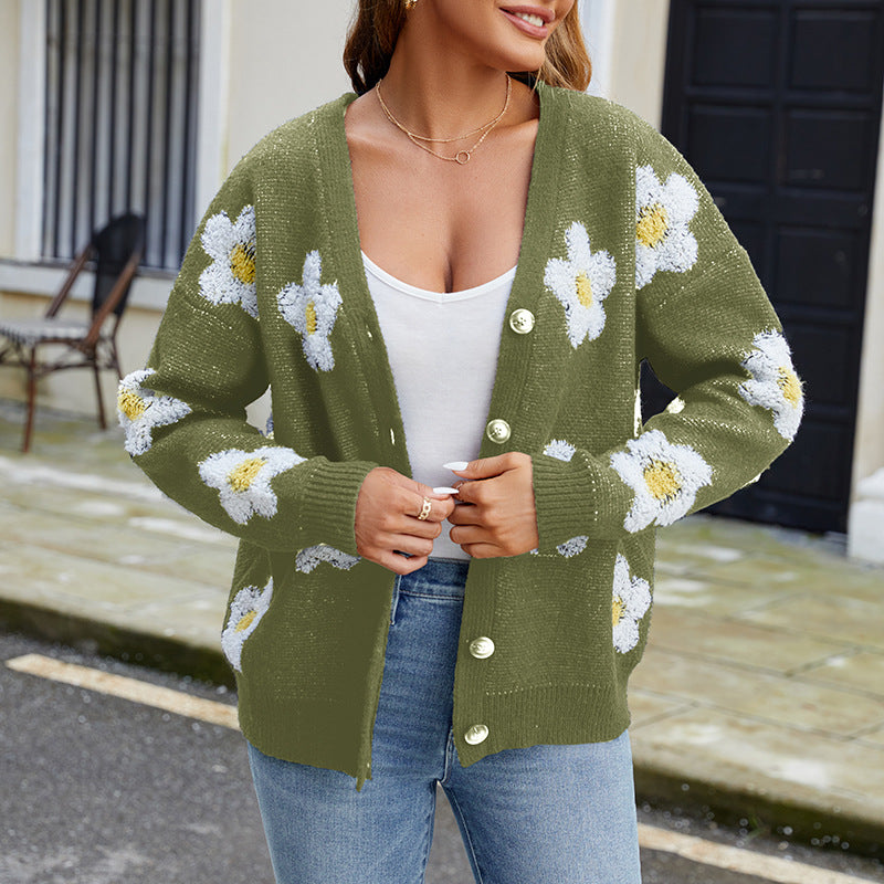 V-Hals Cardigan för Dam med 3D-Blommor, Normal Passform i Polyester – Lång Ärmar, Flera Färger 9