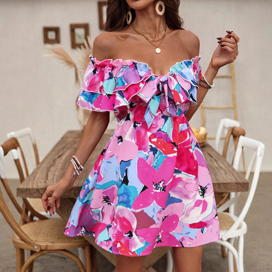 Kvinna Off-Shoulder Klänning Blommig A-Linje Fyra-Vägs Sträckt Tyg-6