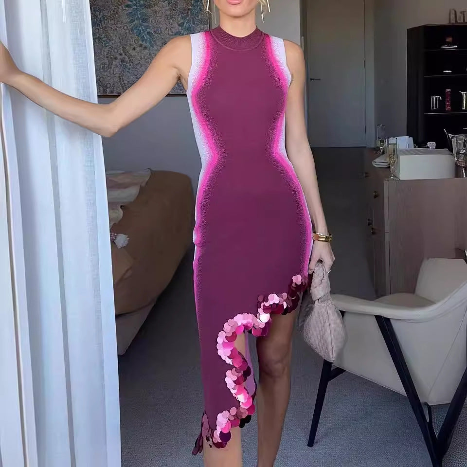 Damklänning Oregelbunden Rytmtryck Midi Spandex Ärmlös-4