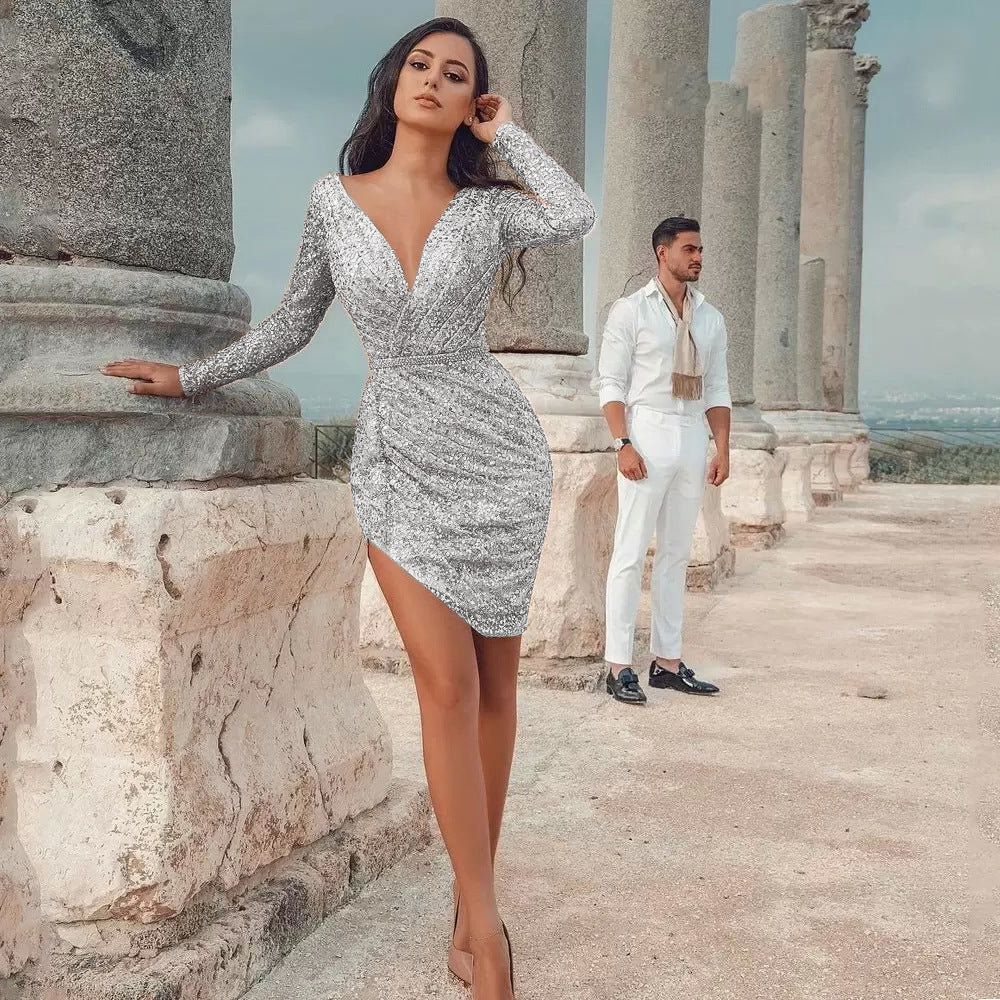 Dam Klänning Midi V-hals Patchwork Design Lång Ärmar-4