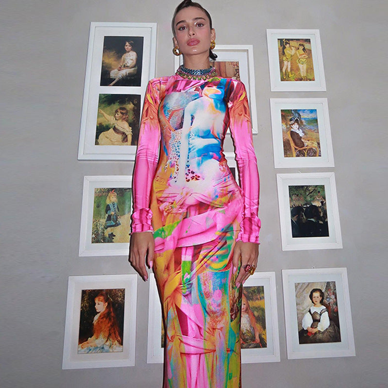 Dam Midi Klänning Långärmad Elastisk Ståkrage Fina Dam Klänningar-3