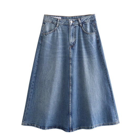 LĂ„ng Jeanskjol Dam med SvĂ€ngande Nederkant i Högkvalitativ Denim â DenimblĂ„, Midja Silhuett 1