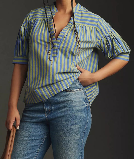 Dam V-hals Topp Randig LapptÀcke Chiffon-1