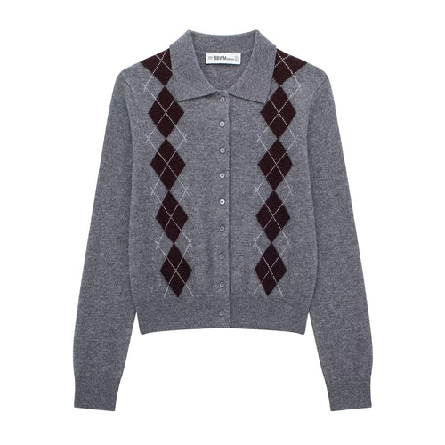 Kvinnors Cardigan Argyle Mönster Klassisk Krage Mjuk Ull 1