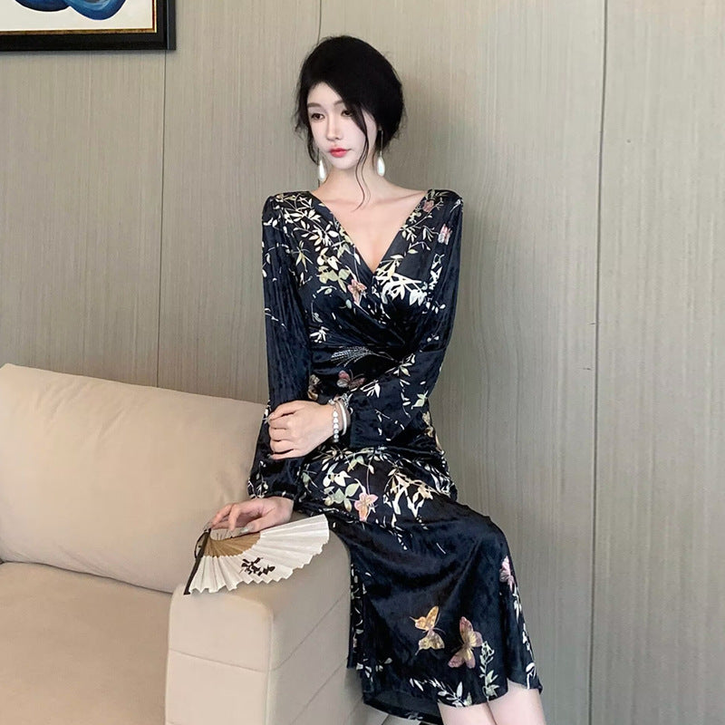 Kvinnors Midi Klänning V-ringning Sammet-5