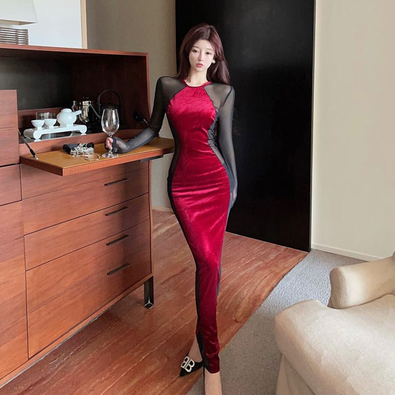 Dam Klänning Slim-Fit Mesh-Splicing Elegant Polyester Långärmad-3