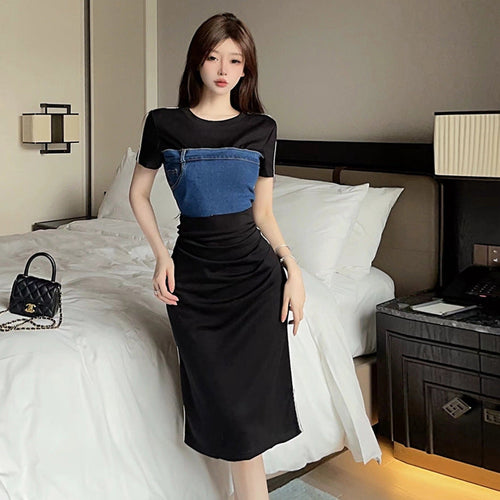 Dam T-shirt Klänning Av Fransk Denim Rund Hals Medellång Stil-1