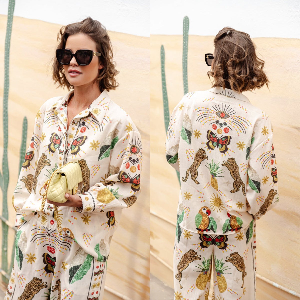 Dam Tryckt Skjorta och Byxor Set Avslappnad Polyester Sommarkläder-4