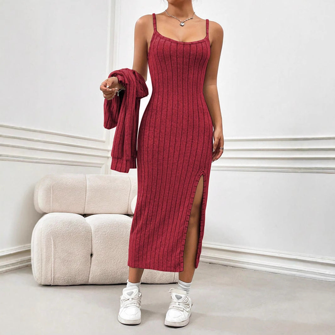 Damklänning Midi Spaghettiband Polyester Delad Design-3