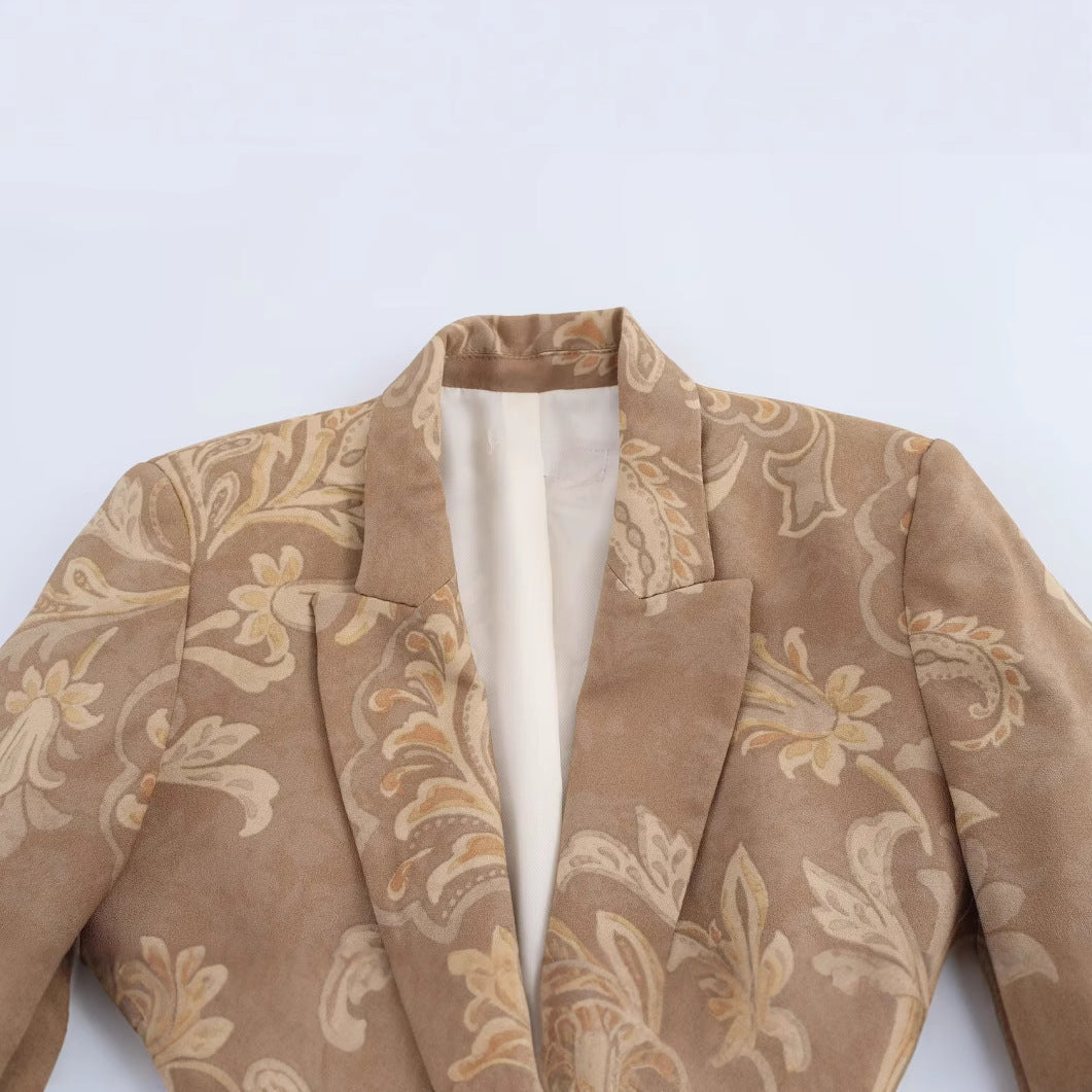 Dam Blazer Löst Vadderad Blommig Design med Reverskrage – Khaki, För Formella och Avslappnade Tillfällen 2