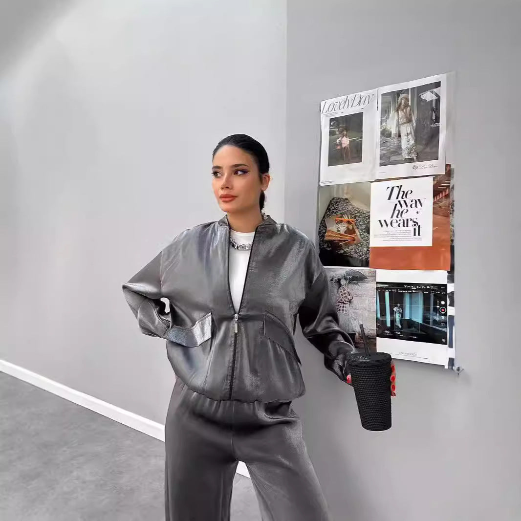 Dam Jacka Set i Polyester med Långa Byxor Avslappnad Stil-2