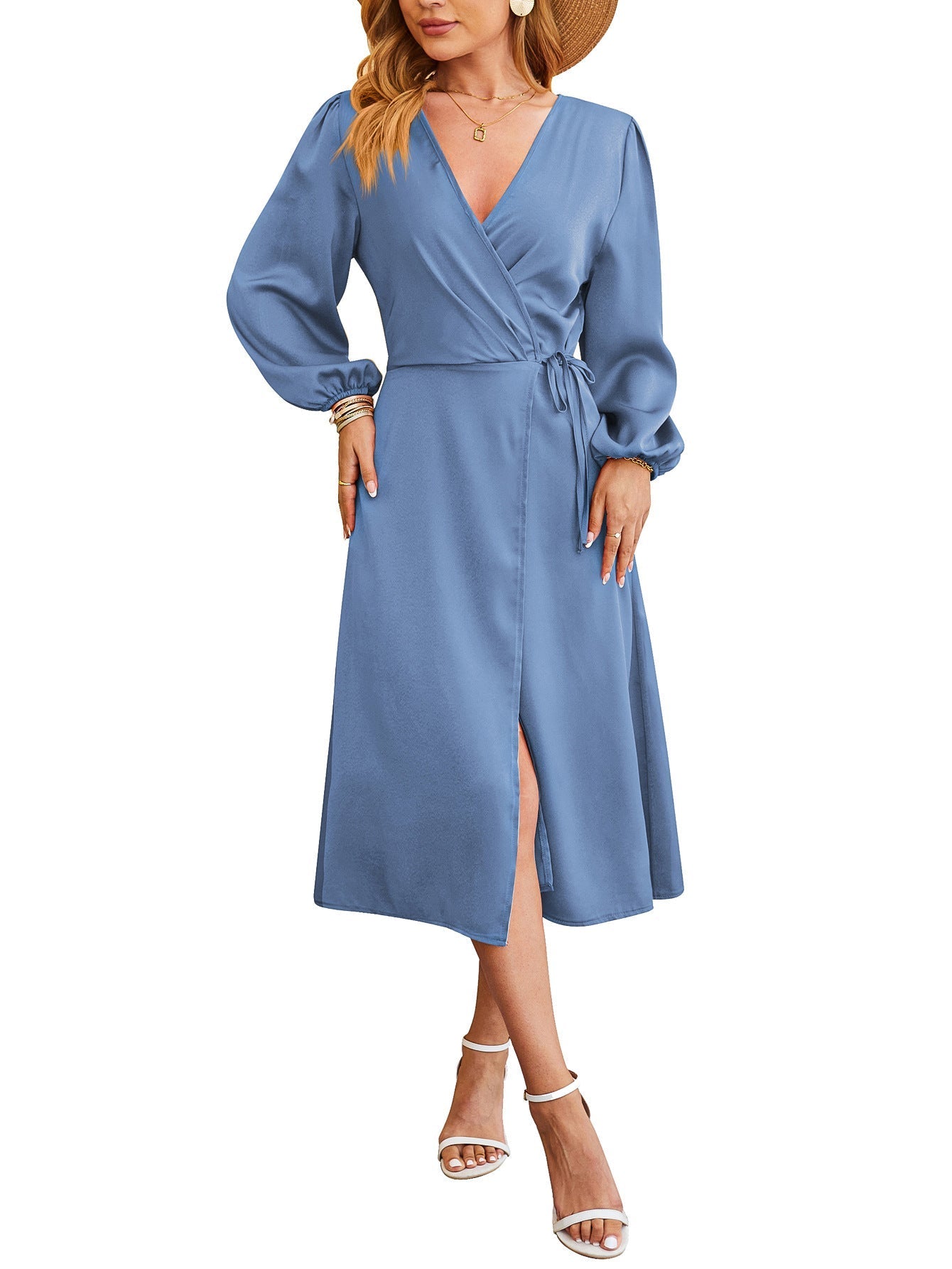 Variant image for Kvinna Midi Klänning V-Neck Satin A-Linjeform Puffärmar-11