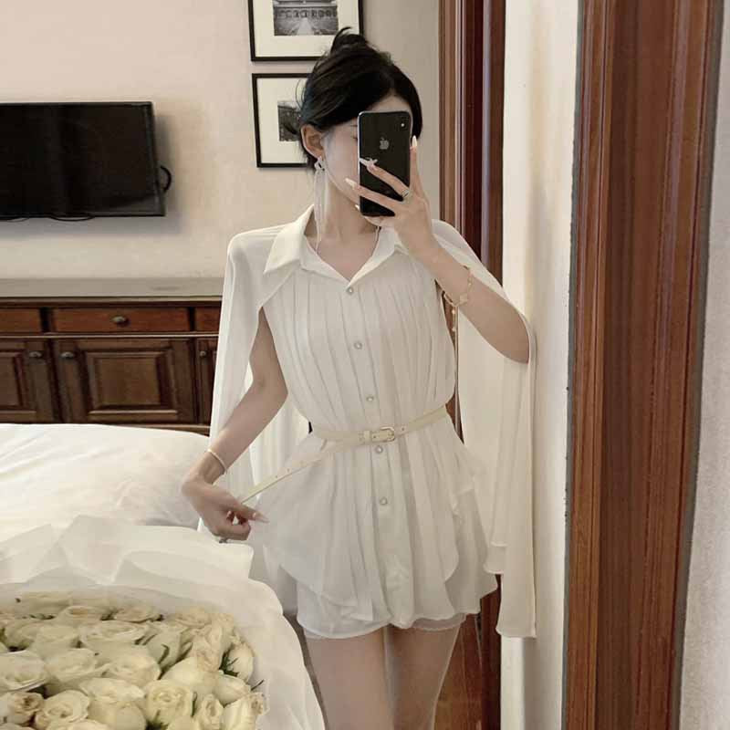 Dam Skjorta Veckad Midja Chiffong-3