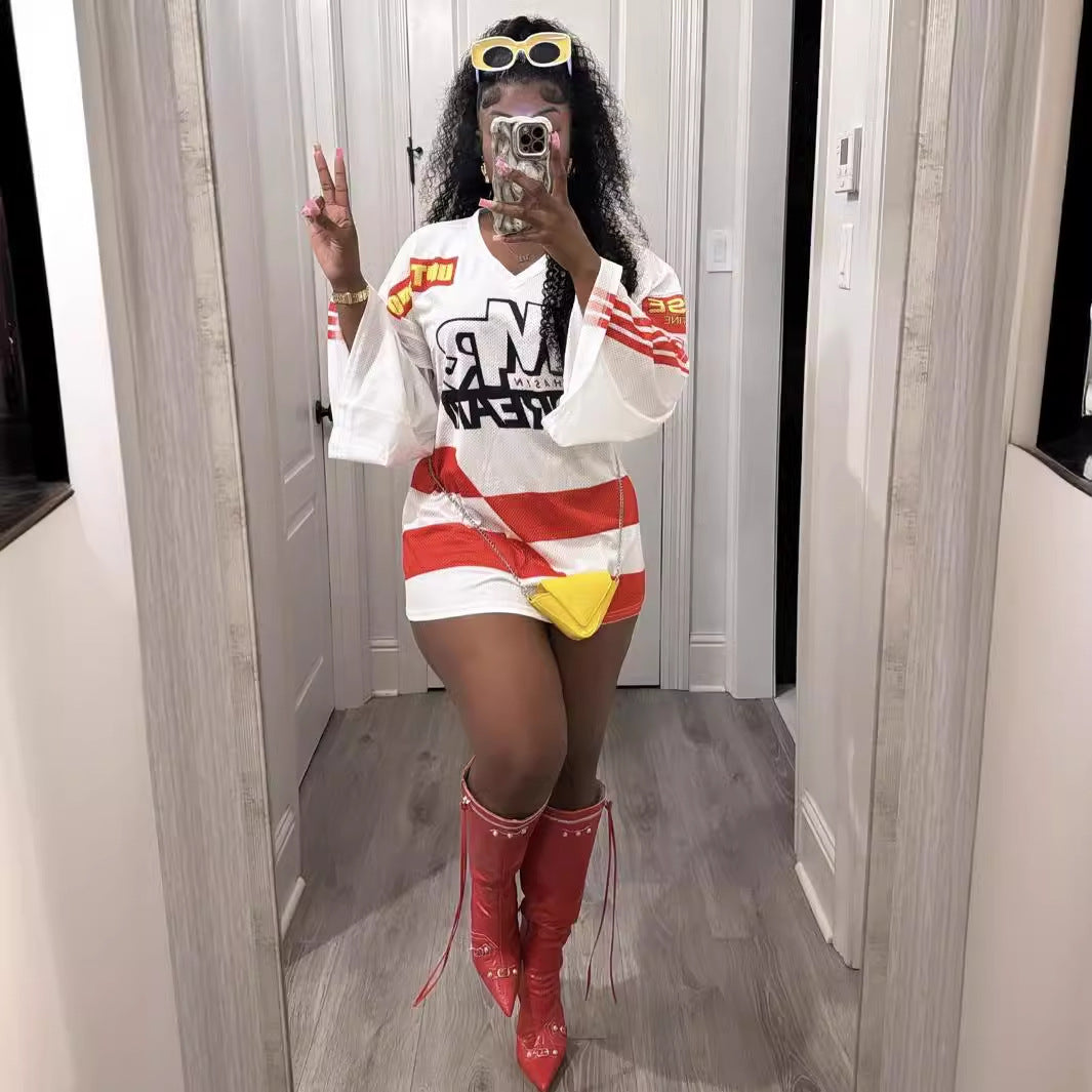 Fina Dam Klänningar Mini V-ringad med Bell Sleeve Tryckt Tyg-2