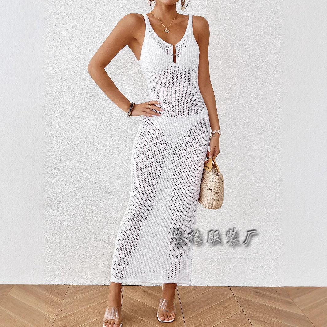 Långklänning Dam V-Hals Ärmlös Randig Långklänning Fest Lätt Tyg-5